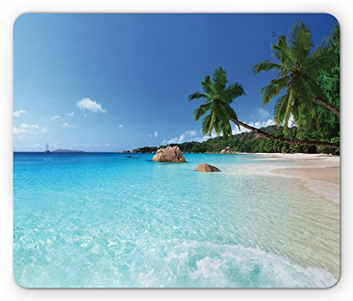 Product Cover Ambesonne Ocean Mouse Pad, ANSE Lazio Beach at Praslin Island Surfing Beach Scenic View Travel, Rectangle Non-Slip Rubber Mousepad, Standard Size, Blue Turquoise