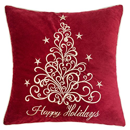 Product Cover Homey Cozy Embroidery Red Velvet Throw Pillow Cover, Merry Christmas Series Floral Tree Luxury Soft Fuzzy Cozy Warm Slik Decorative Gift Square Couch Cushion Pillow Case 20 x 20 Inch, Cover Only