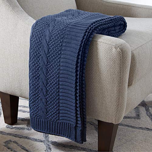 Product Cover Stone & Beam Transitional Chunky Cable Knit Throw Blanket 100% Cotton, Indigo