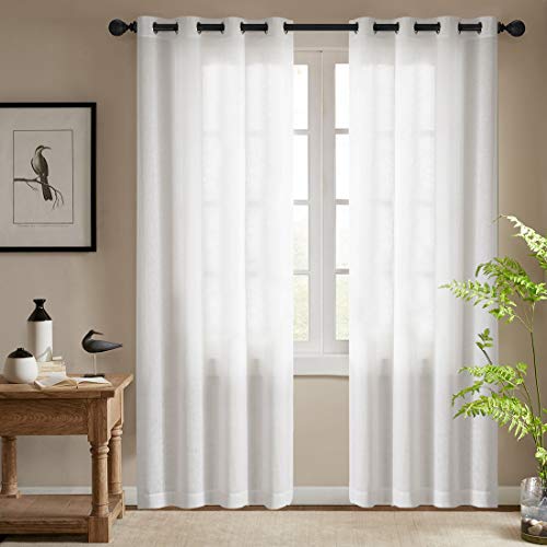 Product Cover Semi Sheer White Curtains for Bedroom Window Curtains 84 Inches Long Grommet Top Casual Weave Textured Living Room Window Treatments (2 Panels, White)