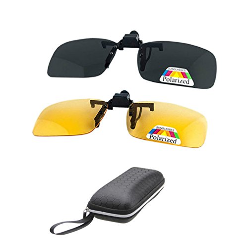 Product Cover 2 Pairs Sunglasses Clip On Flip Up Night Vision Glasses Anti Glare Polarized for Men Women UV400 Geart for Driving -Yellow+Grey
