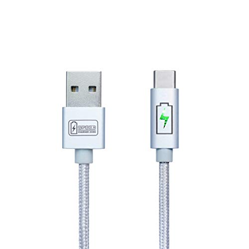 Product Cover Type C - USB Cable by SPEED CHARGER ZONE | (Silver) | Smart LED Indicator, Fast Charging, Nylon Braided, Compatible w/ Samsung Galaxy S9/S8/Note, Pixel 2/3/XL, LG V30S/G6, HTC U11, Moto X/Z/2 and more
