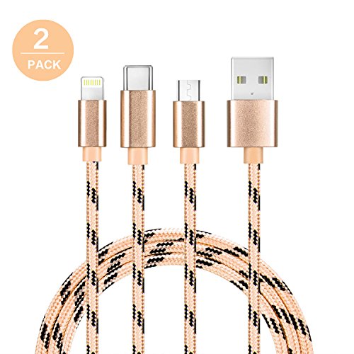 Product Cover 2 pack Multi charging cable by Trendsetter | 3 in 1 Premium Nylon Braided Multiple USB Fast Charger Cord 3ft(1m) with Lighting / Micro USB / Type C for iPhone 7/7 Plus/Galaxy S8 and more (2 pack-Gold)