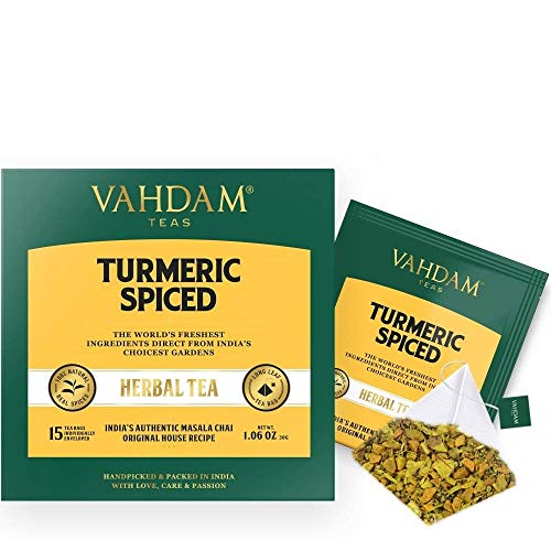 Product Cover VAHDAM, Turmeric Spiced Herbal Tea (30 Tea Bags) | 2018 SOFI AWARD WINNER | INDIA'S WONDER SPICE | Blend of Turmeric Powder & Fresh Spices | Turmeric Tea for Weight Loss | Natural Turmeric Supplement
