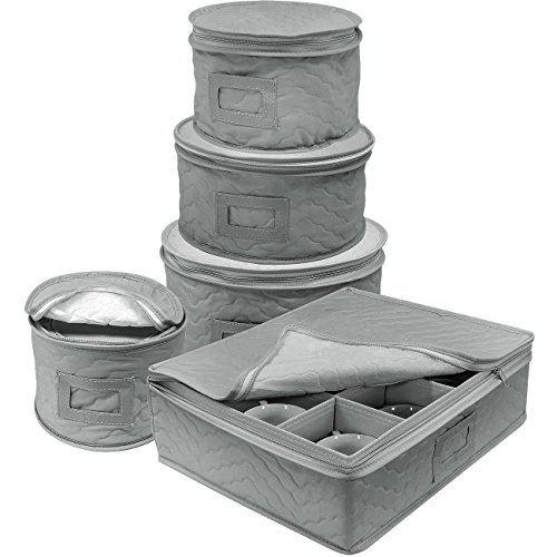 Product Cover Sorbus Dinnerware Storage 5-Piece Set for Protecting or Transporting Dinnerware - Service for 12 - Round Plate and Cup Quilted Protection, Felt Protectors for Plates, Fine China Case (Gray)