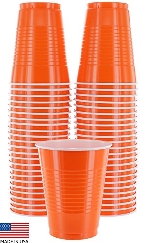 Product Cover Amcrate Orange Colored 16-Ounce Disposable Plastic Party Cups - Ideal for Weddings, Party's, Birthdays, Dinners, Lunch's. (Pack of 50)