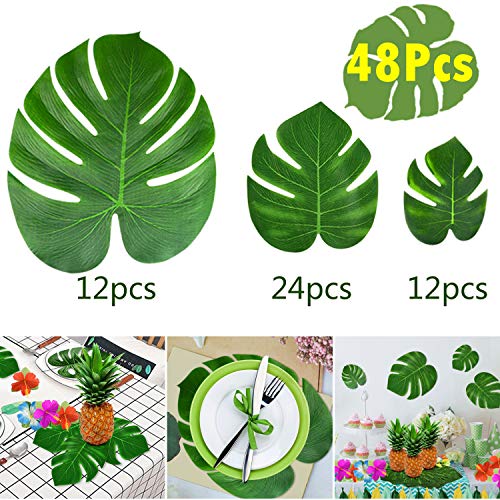 Product Cover KUUQA 48 Pcs Tropical Party Decor Artificial Plant Tropical Palm Monstera Leaves Simulation Leaf for Hawaiian Luau Safari Party Jungle Beach Theme BBQ Birthday Party Decorations Supplies 3 Sizes