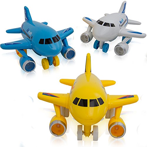 Product Cover KIDSTHRILL Mini Friction Powered Airplanes with Lights and Air Plane Sounds - Set of 3 Push and Go Toy Travel Set Planes for Toddler Kids