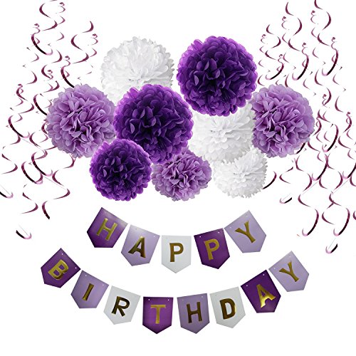 Product Cover Birthday Decorations, Cocodeko Happy Birthday Banner Bunting with Tissue Paper Pom Poms and Hanging Swirl Decor for Birthday Party Decorations - Purple, Lavender and White