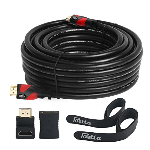 Product Cover HDMI Cable 50 Feet Postta Ultra HDMI 2.0V Cable with 2 Piece Cable Ties+2 Piece HDMI Adapters Support 4K 2160P,1080P,3D,Audio Return and Ethernet