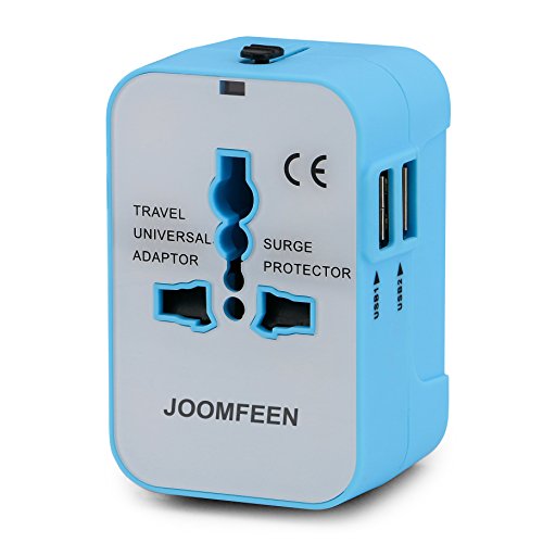 Product Cover Travel Adapter, JOOMFEEN Worldwide All in One Universal Power Converters Wall AC Power Plug Adapter Power Plug Wall Charger with Dual USB Charging Ports for USA EU UK AUS Cell Phone Laptop-Blue/White