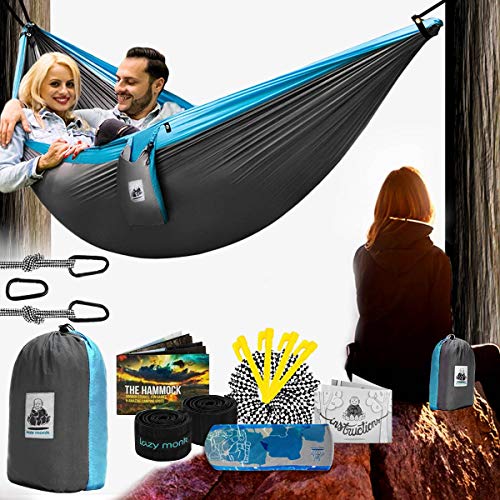 Product Cover Double Camping Hammock with Straps - Unique 4in1│Complete Fast Setup Hammocks Bundle, Waterproof, Lightweight Parachute Nylon, in Compression Tree Sack Blue