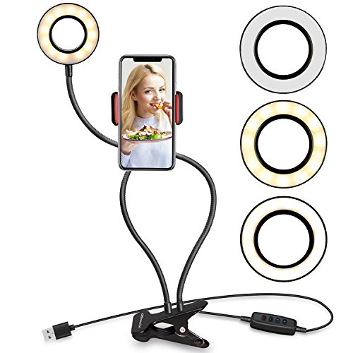 Product Cover UBeesize Selfie Ring Light with Cell Phone Holder Stand for Live Stream/Makeup, LED Camera Lighting [3-Light Mode] [10-Level Brightness] with Flexible Arms Compatible with iPhone 8 7 6 Plus X Android