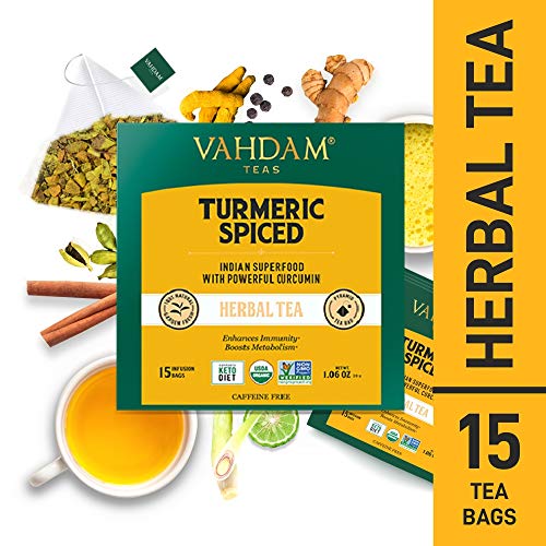 Product Cover VAHDAM, Turmeric Spiced Herbal Tea Tisane |15 Pyramid Tea Bags | Brew Hot, Iced or Chai Latte