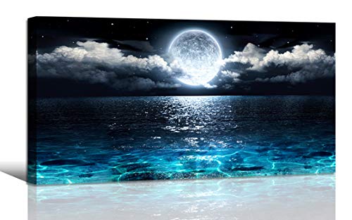 Product Cover Wall Art Moon Sea Ocean Landscape Picture Canvas Wall Art Print Paintings Modern Artwork for Living Room Wall Decor and Home Décor Framed Ready to Hang,2cm Thick Frame, Waterproof Artwork.