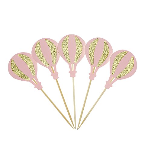 Product Cover Pink With Glitter Gold Hot Air Balloon Cake Cupcake Toppers for Birthday Wedding or Ba-by Shower Picks Decor And Cupcake Party Pick of 12 by GOCROWN