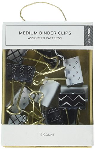 Product Cover U Brands Medium Binder Clips Black & White with Gold Prongs, Pack of 12 (766A0624)