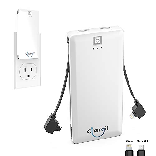 Product Cover Chargii - Apple Power Bank - All-in-One Portable Charger - Cell Phone Battery Backup - Built-in Wall Plug AC Adapter, Apple & Micro USB Cables - 2 USB Ports - 5000 mAH - White