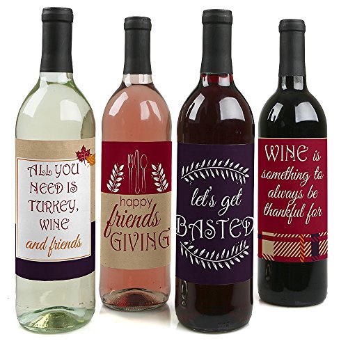 Product Cover Friends Thanksgiving Feast - Friendsgiving Party Decorations for Women and Men - Wine Bottle Label Stickers - Set of 4