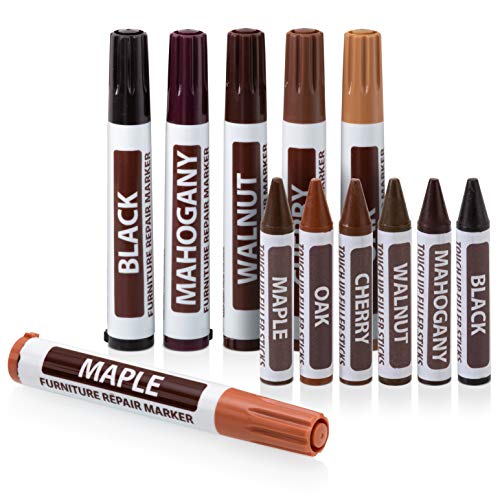 Product Cover Ram-Pro Furniture Markers Touch Up Repair System - 12Pc Scratch Restore Kit - 6 Felt Tip Wood Markers, 6 Wax Stick Crayons | Colors: Maple, Oak, Cherry, Walnut, Mahogany, Black