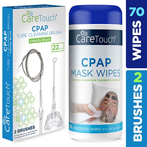 Product Cover Care Touch CPAP Mask Wipes, Unscented - 70 Wipes Plus CPAP Tube Cleaning Brush (7 feet) and Handy CPAP Mask Brush (7 inches) to Fit Standard 22mm Diameter Tube