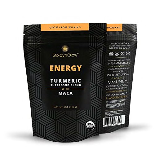 Product Cover GoldynGlow ENERGY - Organic Turmeric Superfood Blend w/ MACA, Helps with Adrenal Health and fatigue. Golden Milk Elixir, Mix in Juice and Smoothies. Non-GMO, Vegan, Gluten-Free Adaptogen - 25 Servings