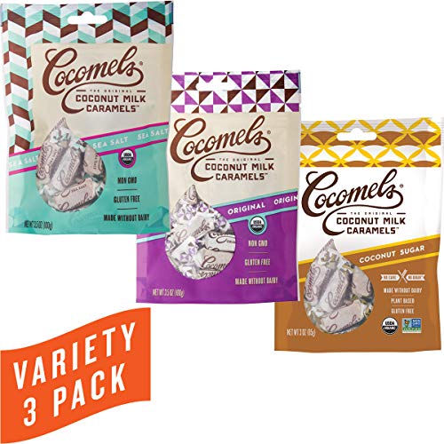 Product Cover Cocomels Coconut Milk Caramels, Original, Sea Salt, and Coconut Sugar, Organic Candy, Dairy Free, Vegan, Gluten Free, Non-GMO, No High Fructose Corn Syrup, Kosher, Plant Based, (Variety 3 Pack)