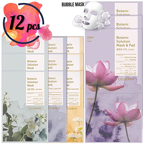 Product Cover Celderma Korean Premium Sheet Mask (12 Sheets) - 9  Botanic Solution Facial Masks & 3 Deep Cleansing Bubble Masks (Exfoliating, Moisturizing with Lotus Extract and Jojoba Seed Oil)