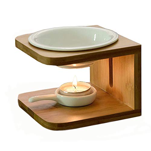 Product Cover Singeek 100ML Ceramic Tea Light Holder,Essential Oil Burner Candle Aroma Diffuser for Spa Yoga Meditation (I-Shaped White, Wood)
