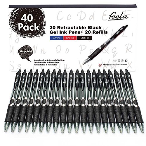 Product Cover Gel Pens, 40 Pack Black Ink Gel Retractable Medium Point Pens Set by Feela, 20 Rollerball Pens with 20 Refills Smooth Writing with Comfort Grip