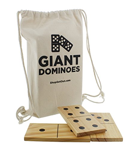 Product Cover Get Out! Giant Wooden Dominoes 28-Piece Set with Bag - Jumbo Natural Wood & Black Numbers - Kids Adults Outdoor Games