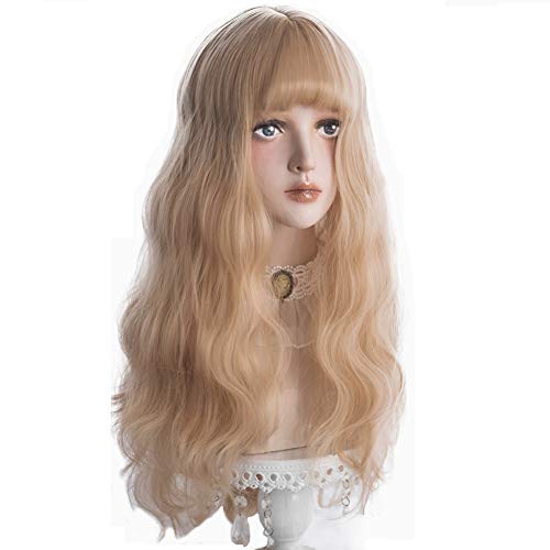 Product Cover Long Wavy Blonde Wig Bangs - Natural Synthetic Hair Lolita Wigs with Wig Cap For White Women Cosplay and Daily Wear