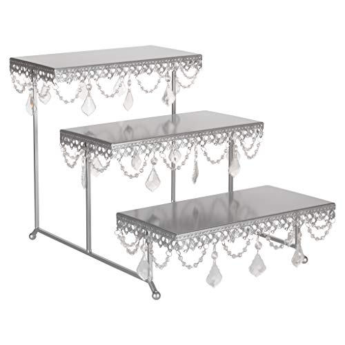 Product Cover Amalfi Decor 3 Tier Dessert Cupcake Stand, Pastry Candy Cake Cookie Serving Platter for Wedding Event Birthday Party, Rectangular Metal Plate Tower Tray Holder with Crystals, Silver