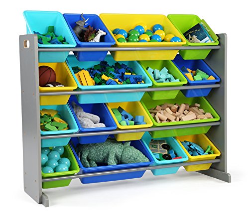 Product Cover Tot Tutors Elements Collection Wood Toy Storage Organizer, X-Large, Grey/Blue/Green/Yellow