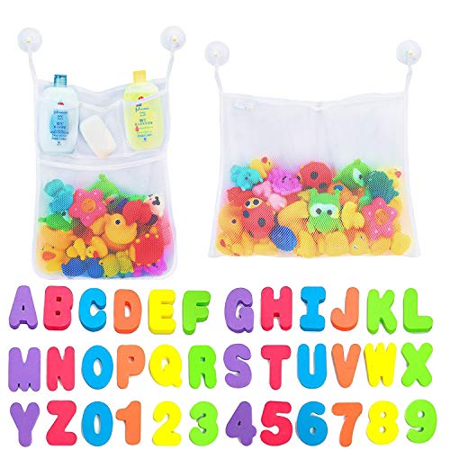 Product Cover Comfylife 2 x Mesh Bath Toy Organizer + 6 Ultra Strong Hooks + 36 Bath Letters & Numbers - Eco-Safe, Fun, Educational Foam Baby Bath Letters and Perfect Toy Storage Net for Baby Bath Toys & More
