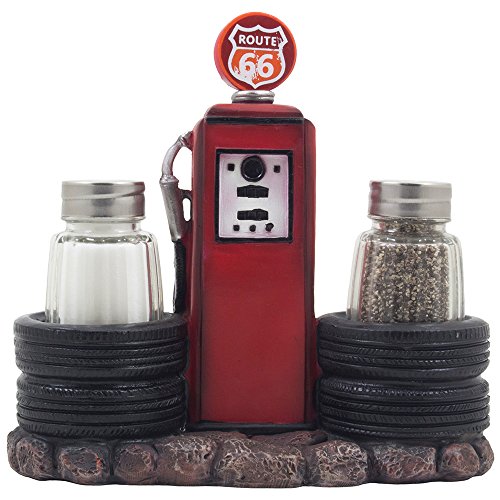 Product Cover Vintage Gas Station Filling Pump Salt and Pepper Shaker Set with Decorative Car Tires & Route 66 Sign for Restaurant or Retro Kitchen Decor Spice Racks as Classic Car Style Father's Day Gifts for Dad