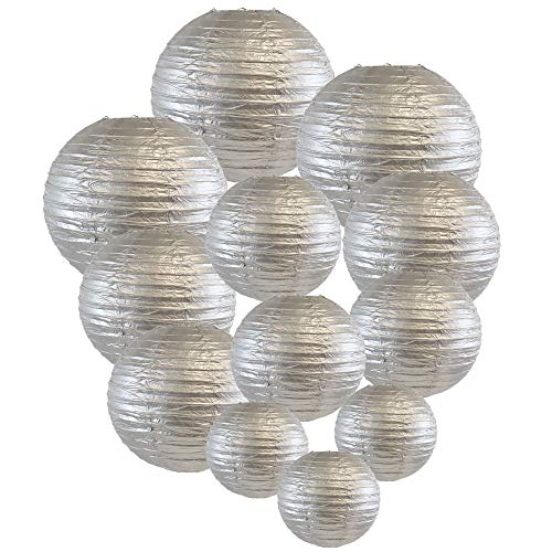 Product Cover Just Artifacts Decorative Round Chinese Paper Lanterns 12pcs Assorted Sizes (Color: Silver)