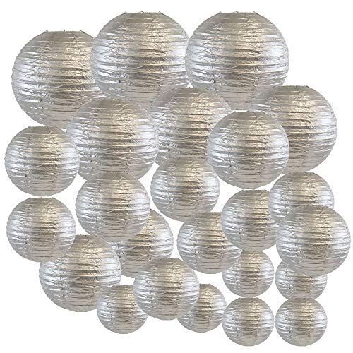 Product Cover Just Artifacts Decorative Round Chinese Paper Lanterns 24pcs Assorted Sizes (Color: Silver)