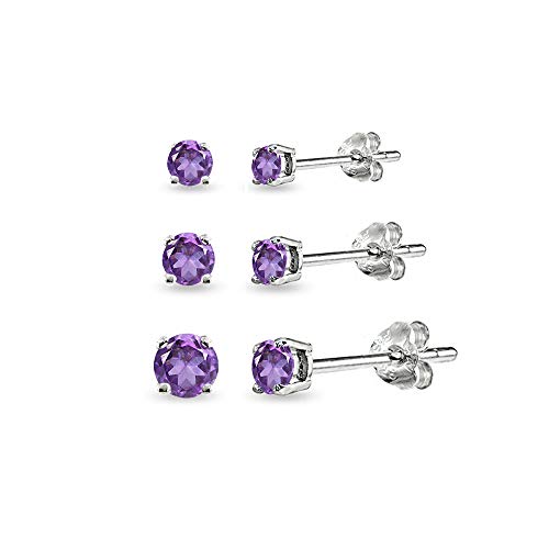 Product Cover 3-Pair Set Sterling Silver Gemstone Round Stud Earrings for Women Teen Girls, 3mm 4mm 5mm
