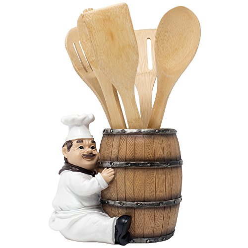 Product Cover French Chef Pierre Decorative Countertop Utensil Holder Crock with Faux Wood Wine Barrel Display Stand Table Statue for Country Cottage Decor & Gourmet Kitchen Decorations As Housewarming Gifts
