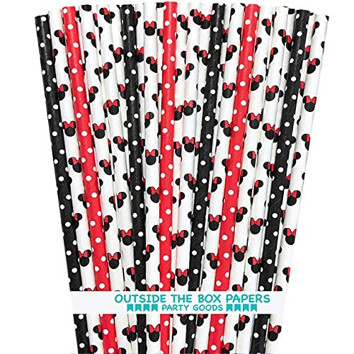 Product Cover Minnie Mouse Theme Paper Straws - Mouse Ears and Polka Dots - Red White Black - 7.75 Inches - 100 Pack - Outside the Box Papers Brand