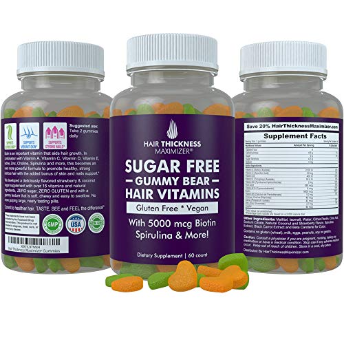 Product Cover Sugar Free Hair Gummy Bear Vitamins by Hair Thickness Maximizer with Biotin 5000 mcg. Vegan, Gluten Free, Chewy Natural Hair Vitamin Gummies for Men and Women. Great for Hair Growth, Skin and Nails