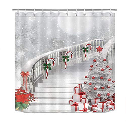 Product Cover LB Merry Christmas Season Eve New Year Decorative Decor Gift Shower Curtain Polyester Fabric 72x72 inch White Night Snow Candy Cane Tree Stairs Bathroom Bath Liner Set