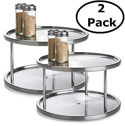 Product Cover 2 Tier 2 PK Lazy Susan - Stainless Steel 360 Degree Turntable - Rotating 2 Level Tabletop Stand for Your Dining Table, Kitchen Counters and Cabinets - Turning Table Spice Rack Organizer Tray - 2 Pack