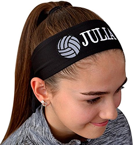 Product Cover Funny Girl Designs Volleyball TIE Back Moisture Wicking Headband Personalized with The Embroidered Name of Your Choice (Black Solid Tie Back)
