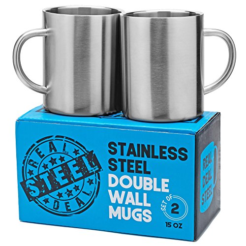 Product Cover Stainless Steel Double Walled Mugs: 100% BPA Free,15 oz Metal Coffee & Tea Cup Mug - Insulated Cups with Handles Keep Drinks Hot or Cold Longer - Durable for Camping - Set of 2 Shatter Proof Mugs