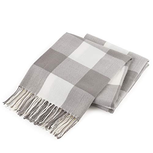 Product Cover GOOD MANORS Buffalo Plaid Throw Blanket with Fringe, Farmhouse Check Pattern, Ultra Lightweight 15 oz, Woven Soft Breathable Stylish, 50 x 60 in. (Gray)