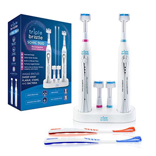 Product Cover Triple Bristle Sonic Duo Electric Toothbrush - For Families & Couples - Keeps Bathroom Counter Clean - 2 Toothbrushes & Dual Rechargeable Stand - 4 Brush Heads (Triple Bristle Duo)