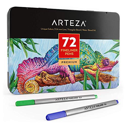 Product Cover ARTEZA Fineliners Fine Point Pens, Set of 72 Fine Tip Markers with 0.4mm Tips & Sure Grip Ergonomic Barrels, Brilliant Assorted Colors for Coloring, Drawing & Detailing + Sturdy Metal Storage Case