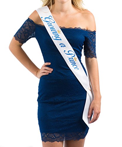 Product Cover White Growing a Prince Satin Sash with Blue/Gold Encased Glitter Lettering
